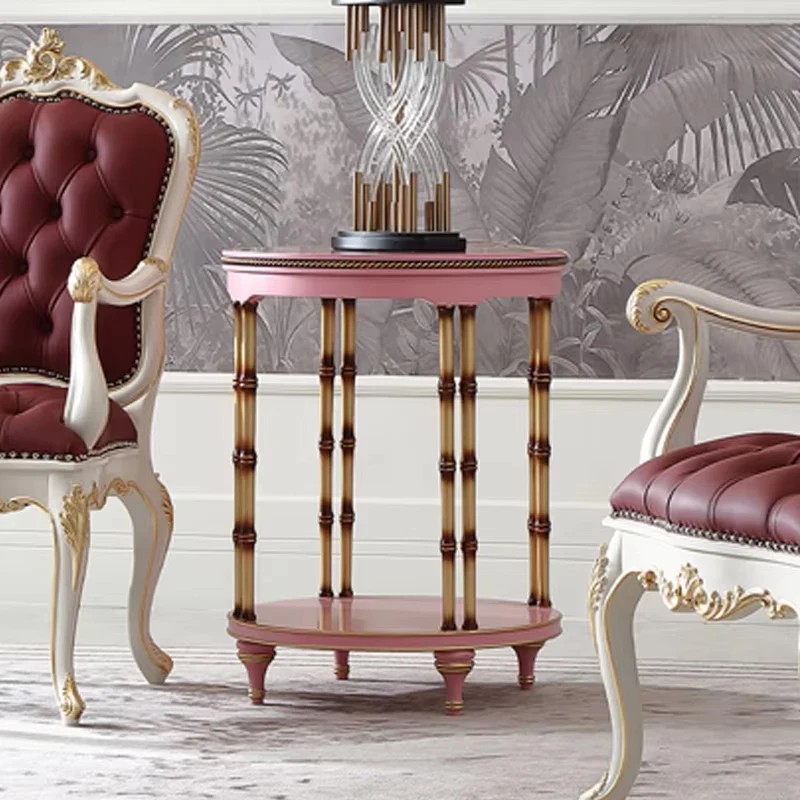 

！@Classical French Villa Furniture Pink and Blue Color Living Room Small Size Solid Wood Round New Coffee Table Home Furniture