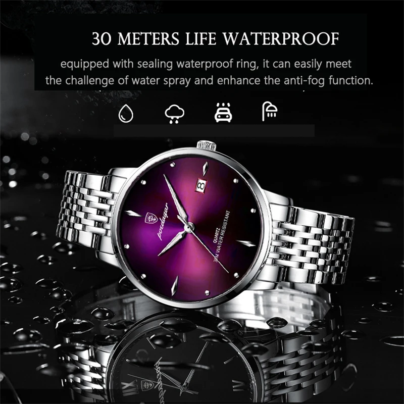 POEDAGAR Purple For Man Watch 3ATM Waterproof Luminous Week Stainless Steel Men Watch Casual Quartz Men\'s Watches Male Clock+box