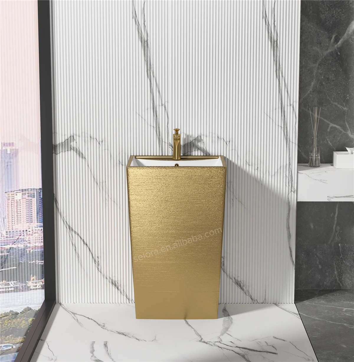 Brush electroplated golden modern hotel bathroom sanitary ware luxury wall hung wc pedestal basin sink ceramic gold toilet set