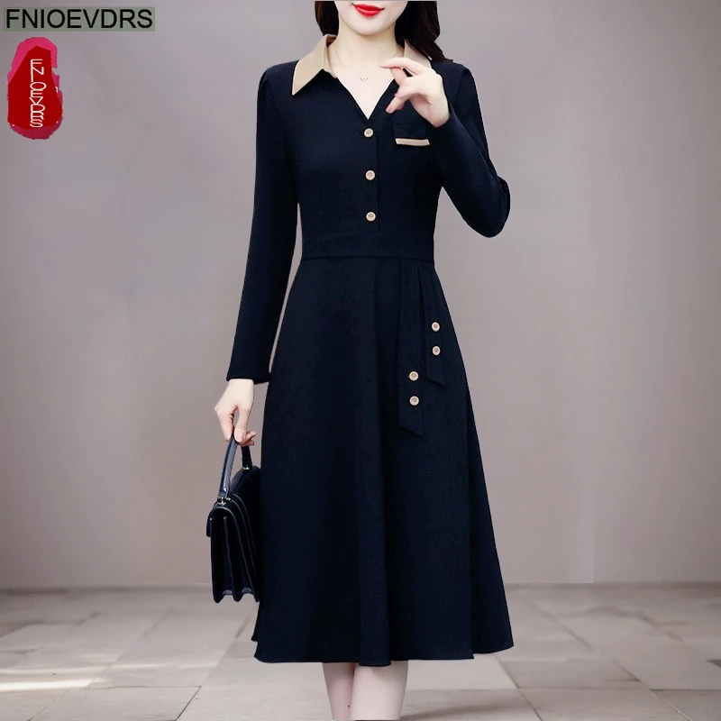 Gran oferta, vestidos camiseros de 2 piezas de imitación, nueva moda para mujer, elegante vestido de oficina para mujer, trabajo de retazos con botones, vestido negro francés hasta la rodilla