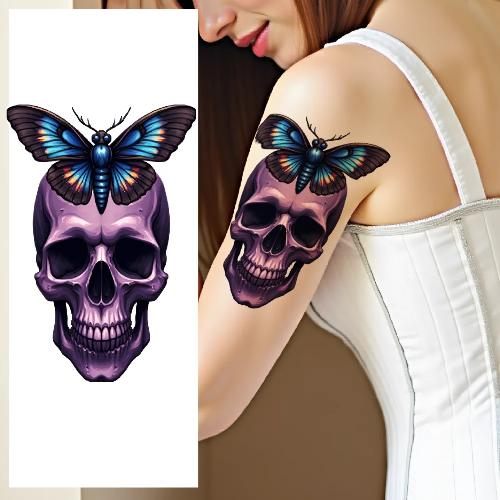 

3pcs Temporary Tattoo Skull With Roses And Butterfly Realistic Temporary Tattoos Hooded Skeleton With Staff For Men Thighs