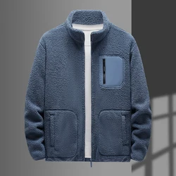 Men's 2024 Autumn and Winter Teddy Velvet Stand Neck Loose Solid Color Thickened Panel Zipper Pocket Fashion Long Sleeved Coat