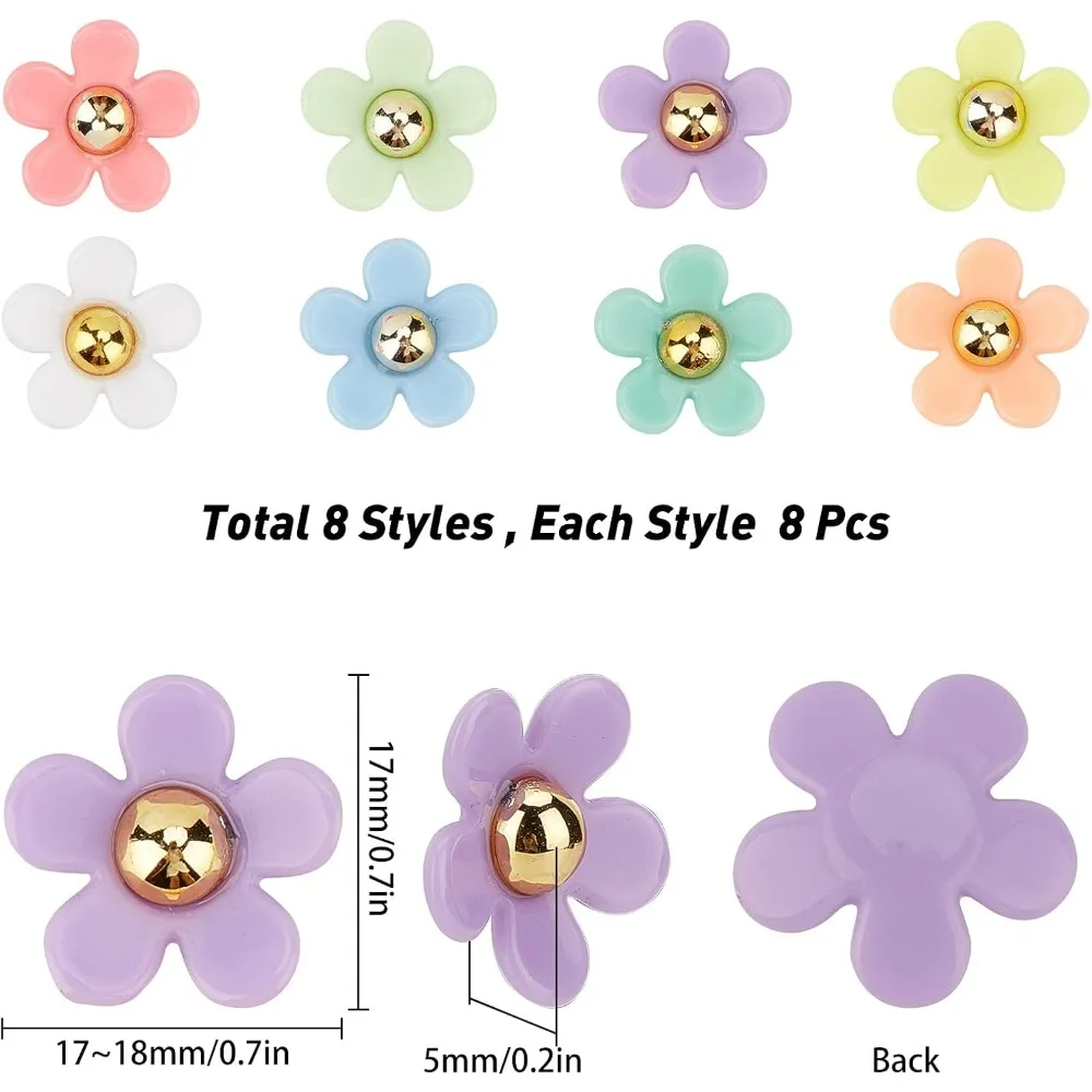 1 Box 64pcs 8 Colors Acrylic Flower Cabochons Resin Colorful Flatback Floral Charms with Golden Beads for Jewelry DIY  Crafts