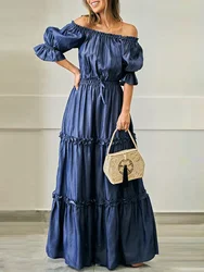 Women's Plus Size Off Shoulder Dress Ruffle Sleeve Stretch Elegant Vintage Casual Sweet Summer Long Dress A-Line Pleated Dresses