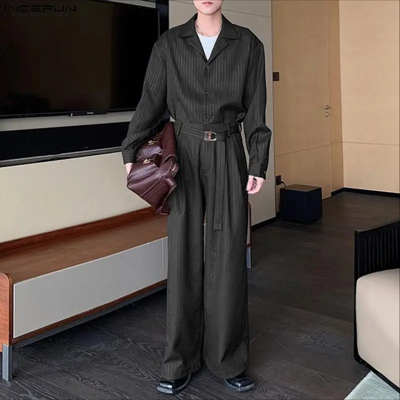 

INCERUN Мужские комплекты Полосатая рубашка с длинными рукавами и брюки с лацканами Комплекты из двух предметов Свободная уличная одежда 2025 Модные мужские повседневные костюмы S-5XL