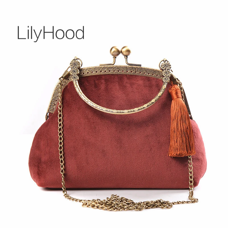 Female Vintage Handmade Velvet Minimalist Simple Hanfu Bag Lady Chinese Wedding Fringed Small Size Phone Side Sling Shoulder Bag