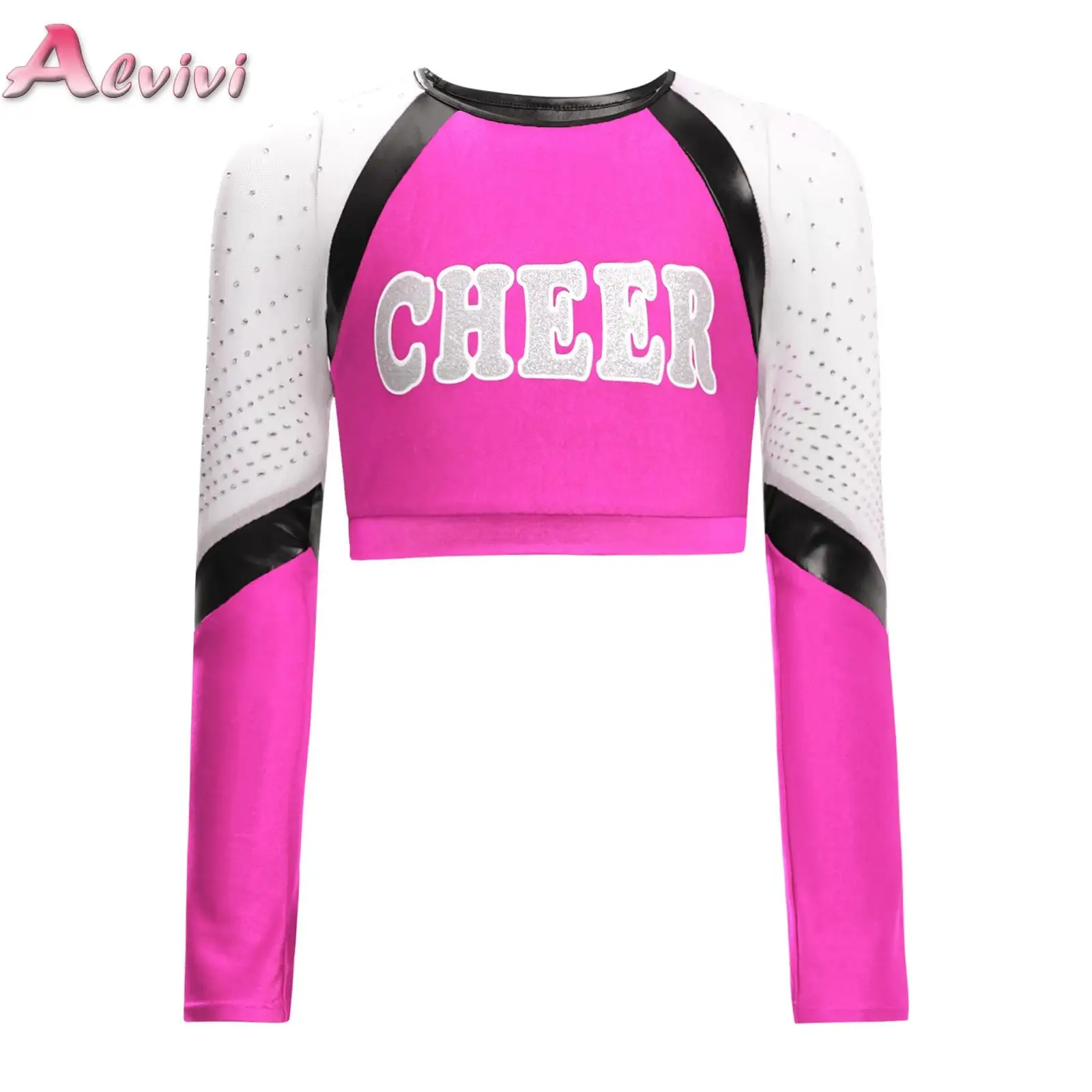 

Kids Girls Cheerleading Tops Shiny Rhinestones Mesh Long Sleeves Letter Print Color Block Crop Top For Cosplay Cheerleader Dance