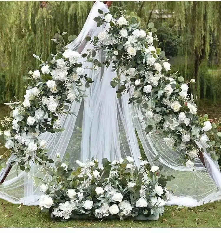 5D Hochzeits-Hintergrund Blumenarrangement Grüner Eukalyptus Olivenblatt Weiße Rose Bogen-Dekoration Hängende Blumenreihe Tisch-Mittelstücke Kugel – Detail 2