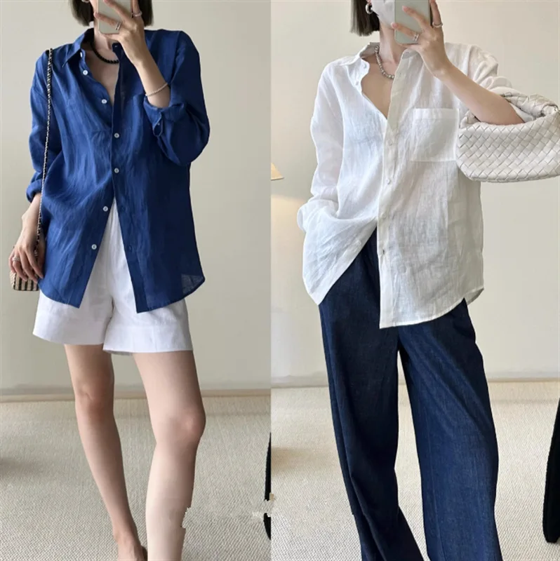 Casual Linen Blue Shirt Women Spring and Summer Sun Protection Cardigan Solid Color All-match Shirts with Button Lady Streetwear