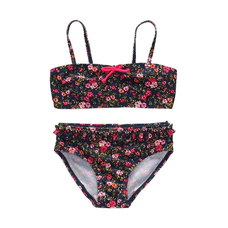 

Детский купальник для девочек, темно-синий, с цветочным принтом, комплект из 2 предметов: бикини с тонкими бретелями и рюшами, модель 2026