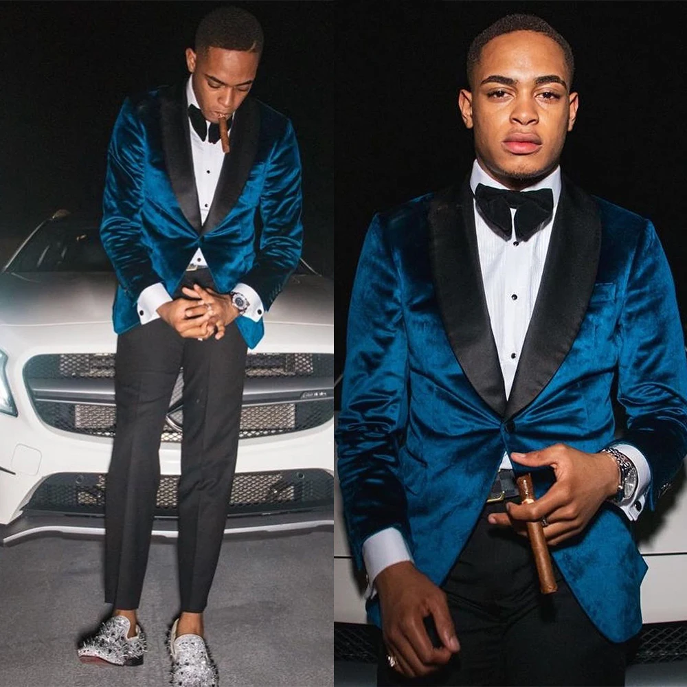 

Fashion Blue Men Tuxedos One Button Shawl Lapel 2 Pieces Blazer Black Pants Suits Custom Made Smart Casual Party Show Set