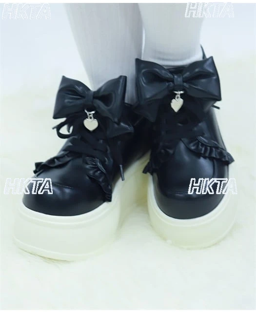 

Japanese Lolita Platform Muffin Casual Shoes Winter Commuting Pleated Bow Round Head Versatile Black Pu Sneakers Shoes Women