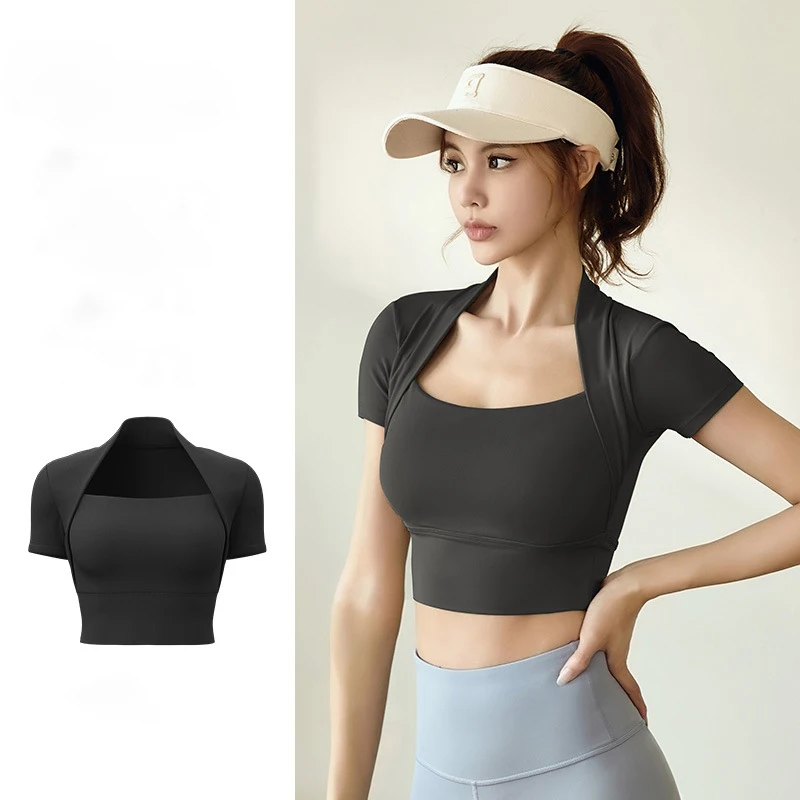 High elastic nude shawl yoga wear women's quick-drying all-in-one bra yoga short sleeve outdoor sports fitness clothes image 5