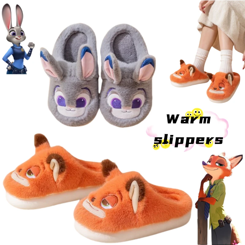 Judy Hopps Nick Wilde Chinelos criativos de desenho animado engrossados, quentes, leves e confortáveis, de algodão para meninos e meninas