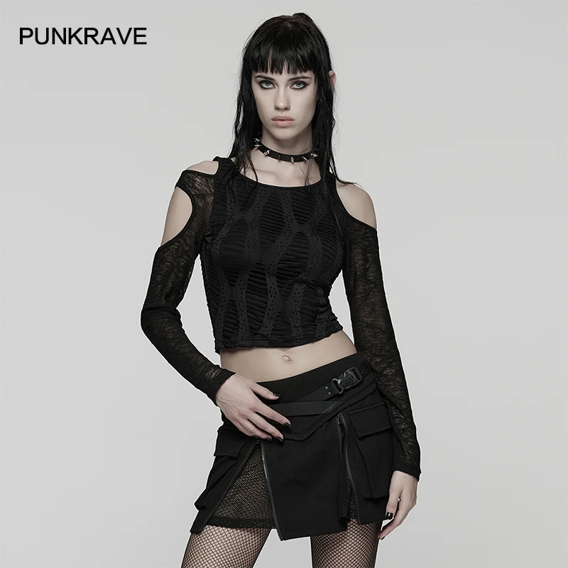 

PUNK RAVE Women's Daily Punk Different Stretch T-Shirt Irregular Hollow-out Designs Sensuality Cool Short Tees Tops