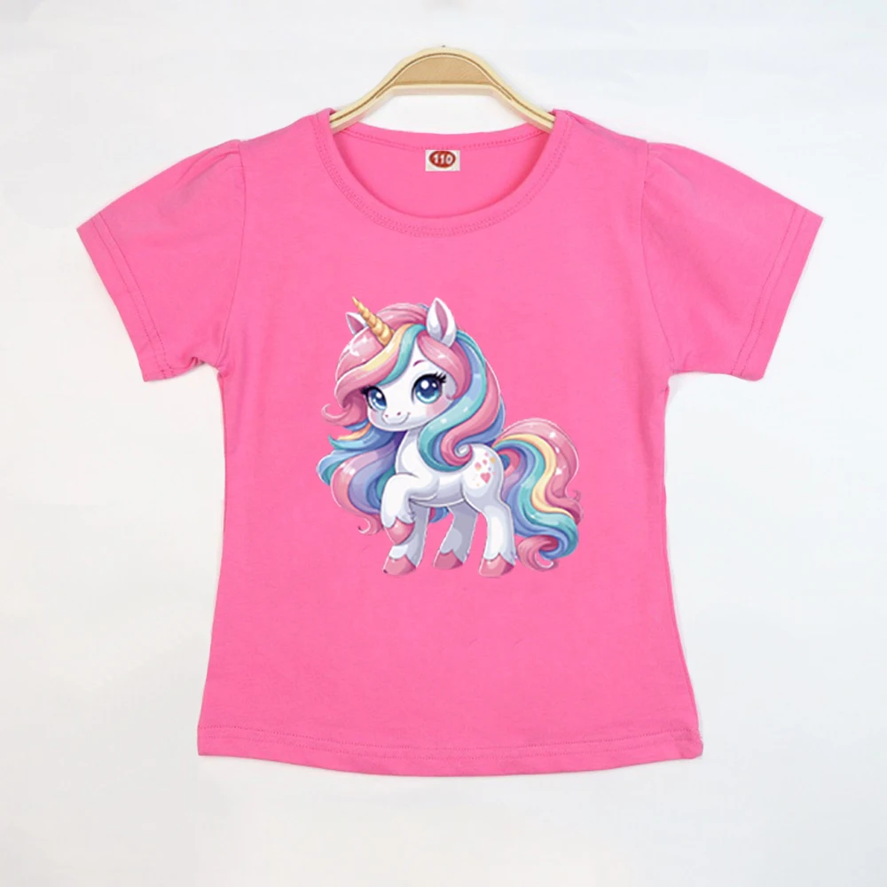 Mädchenkleidung 2-10 Jahre, Sommer, Baumwolle, Einhorn, niedliches Kinder-T-Shirt mit kurzen Ärmeln, weich, lässig, modische Kurzarm-T-Shirts für Kinder – Detail 2
