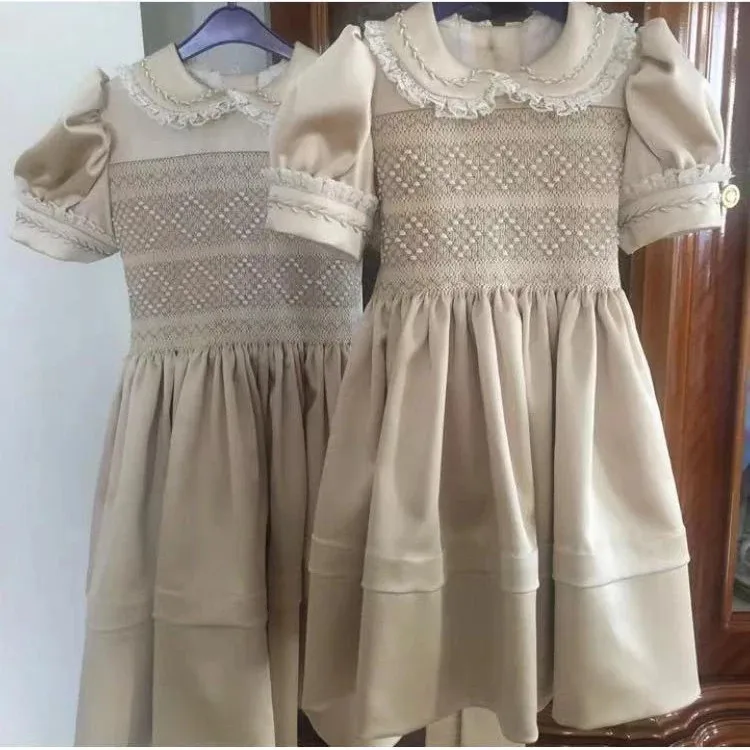 

0-6Y Baby Girl Summer Khaki Smocked Turkish Vintage Princess Dress for Birthday Holiday Easter Photography Eid