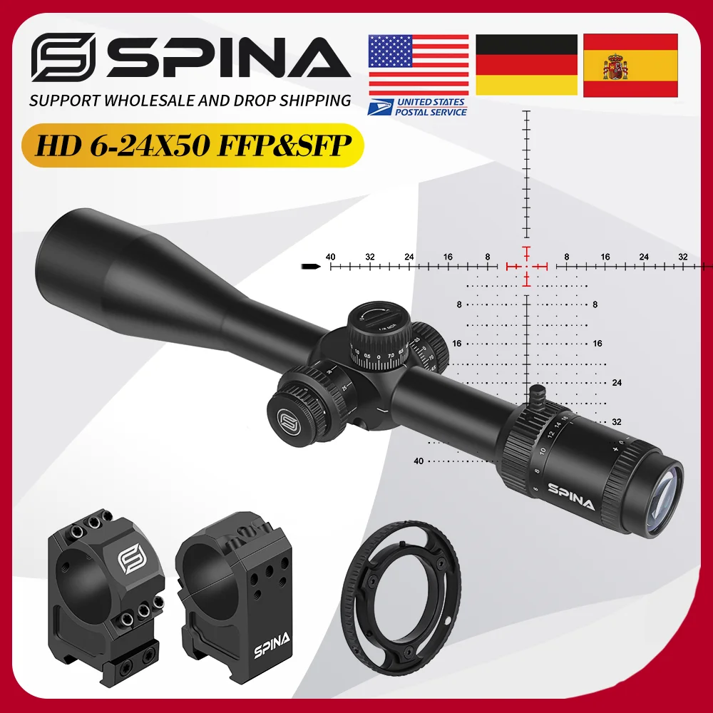 

SPINA OPTICS Винтовочный прицел 6-24x50 FFP 1/8MOA, Диапазон 3-300м, Красная подсветка маховиков с блокировкой и сбросом, HD-оптика, Совместим с AR, AK и всеми пневматическими винтовками