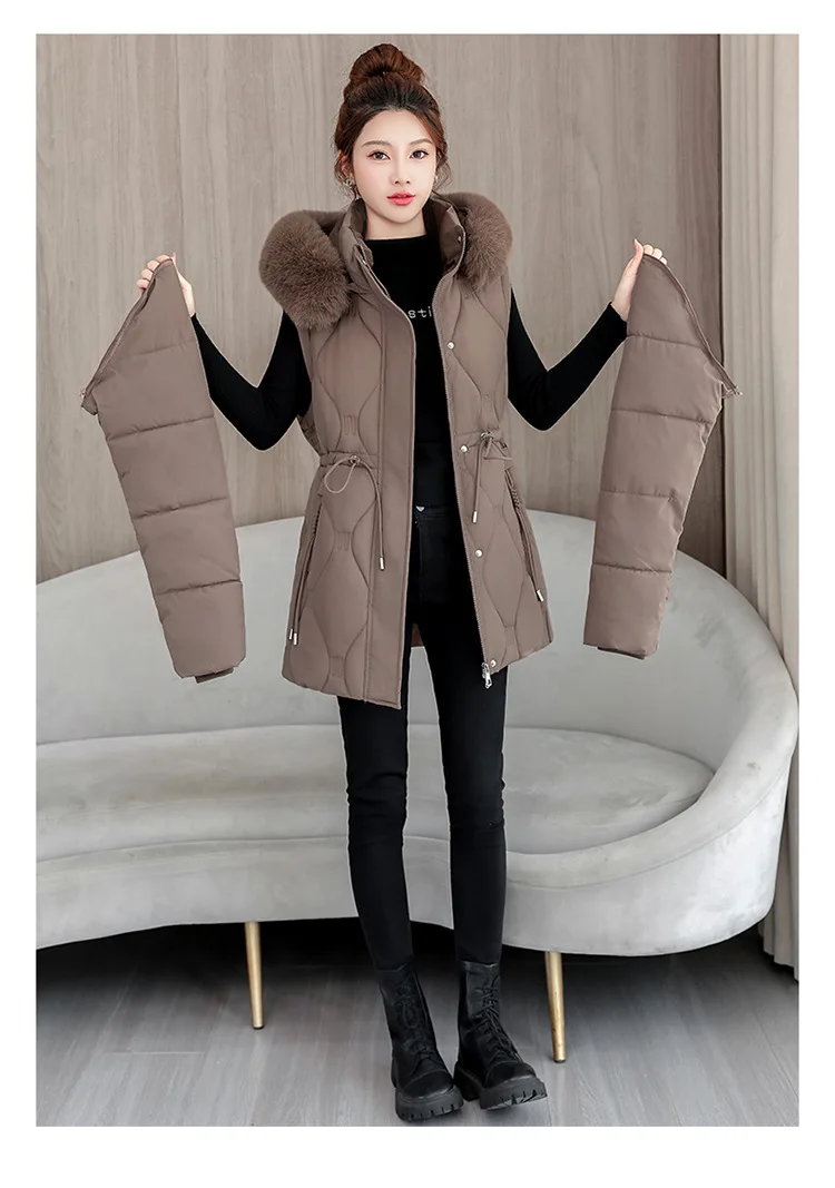 Simple Solid Color Large Fur Collar Hooded Removable Long-sleeved Down Cotton Jacket Women's 2025 Winter Thickened Warm Jacket
