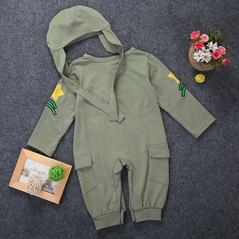 Baby Boys 2Pcs Outfit Long Sleeve Pilot Romper Jumpsuit + Cap Army Green Autumn Clothing Set