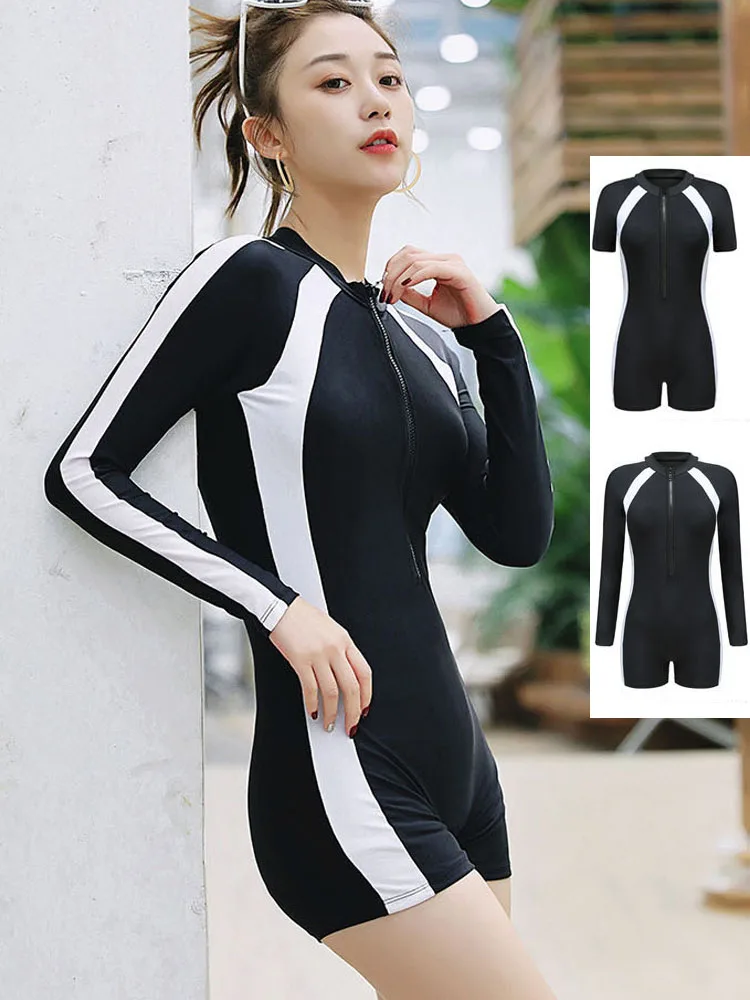 Long and Short Sleeved Optional One Piece Swimsuit Women Tummy Control Elegant Black White Color Matching Professional Swimwear