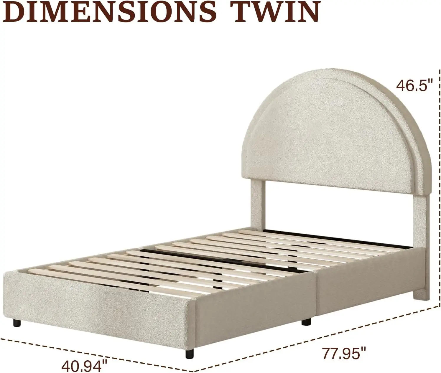 with Round Headboard, Soft Upholstered Bed Frame, Beige Bed Frame for Kids, Arch Shaped Modern Style, No