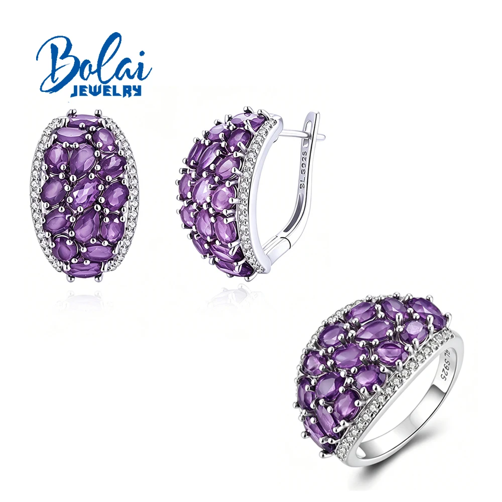 Women's Natural amethyst Gemstone Jewelry Set 925 Sterling Silver Fine Earrings And Ring Set for Daily Wear Elegant Gift