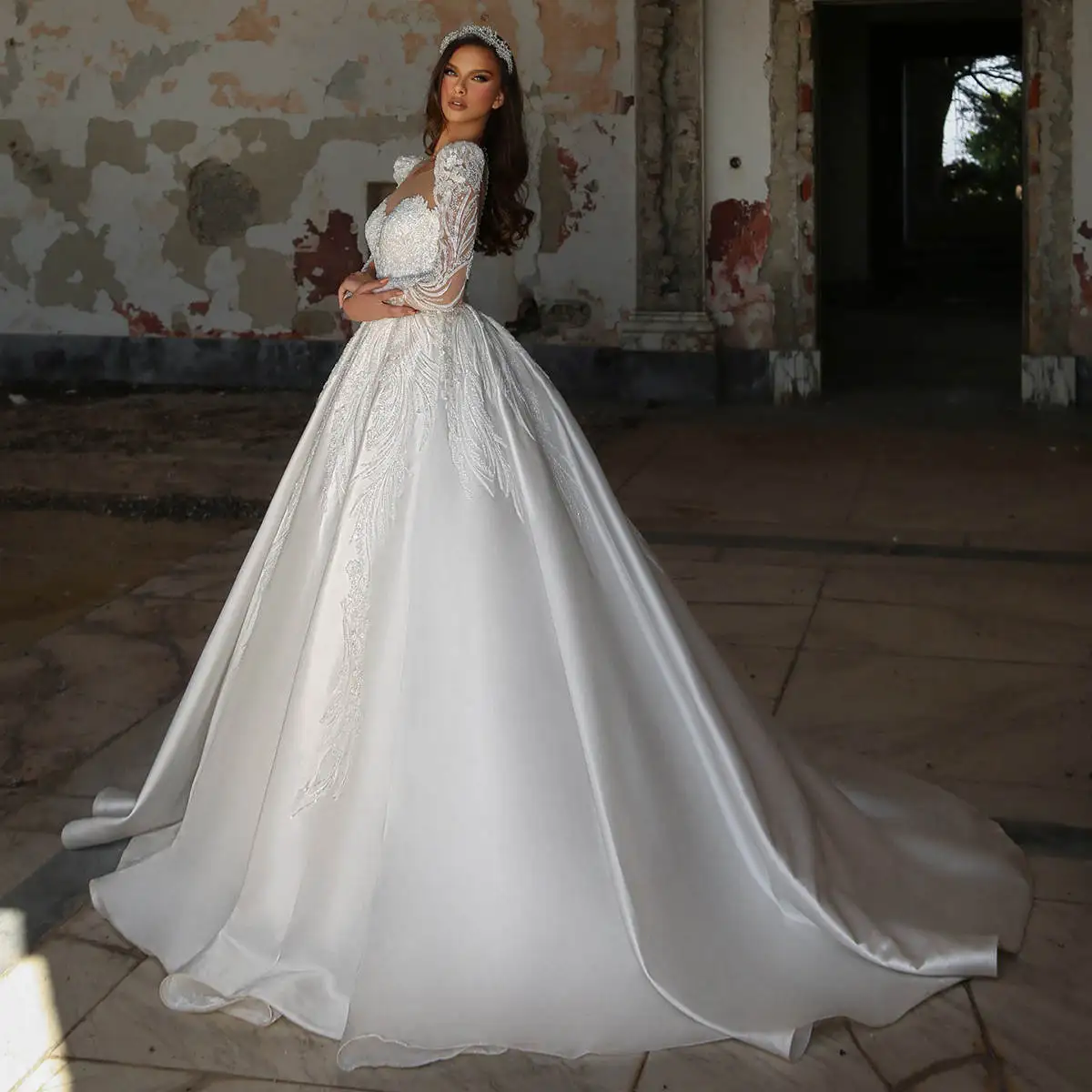 Illusion Ball Gown Wedding Dresses With Sweetheart Beading Sequins Bridal Gown Sweep Train Vestidos De Novia Custom Size