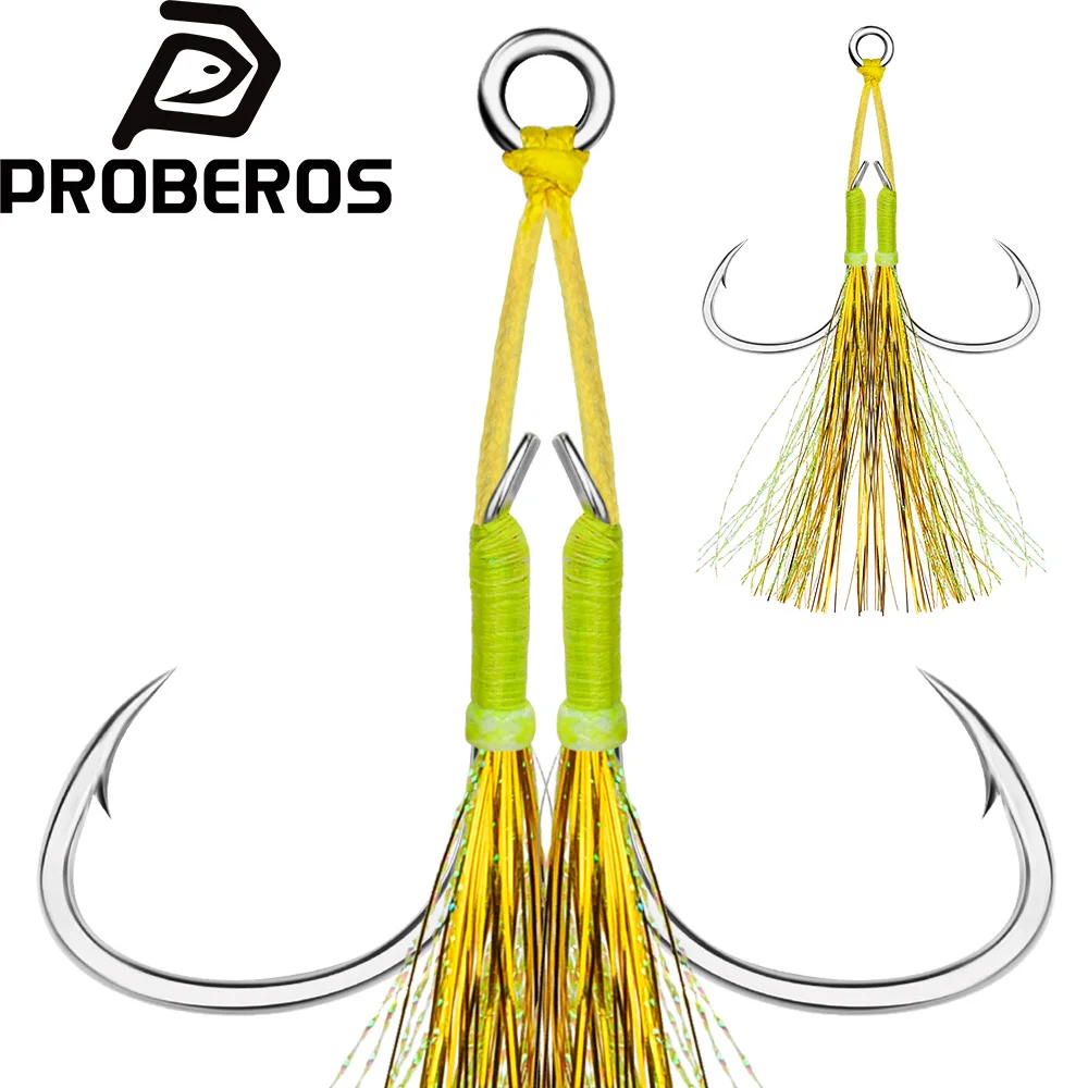 PROBEROS 2pcs/lot Assist Hooks 1/0 2/0 3/0 4/0 5/0 Double Barbed High Carbon Steel Fishing Hook With Feather Sharp Jigging Hook