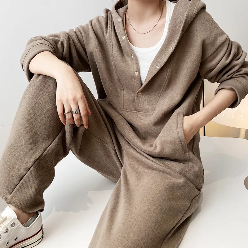 Autumn Winter Women Two Pieces Sets Long Sleeve Button Hoodies Elastic Waist Straight Loose Sweat Pants Knitted Casual Set 2021