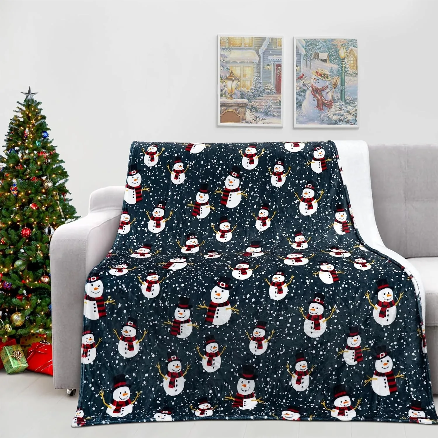 1PC Weihnachtsthema-Überwurfdecke, Schneemann-Muster, blauer Überwurf, dünne Decke, Geschenke für Couch, Bett, Auto, Zuhause, Camping, alle Jahreszeiten