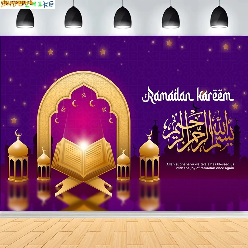 

Ramadan Celebration Shiny Golden Crescent Moon Lanterns Background Arabic Islamic Mosque Palace Photography Backdrops MO-06