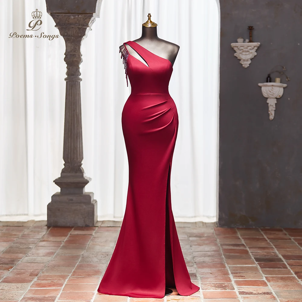 Poems Songs Burgundy One-Shoulder Evening Dress with Beaded Sleeve and Draped Side, Slim Fit Elegant Gown vestidos de noche