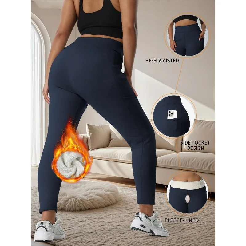 المرأة مفتوحة المنشعب حجم كبير سميكة الصوف طماق عالية الخصر جيوب المرأة الخريف والشتاء لباس خارجي ضيق