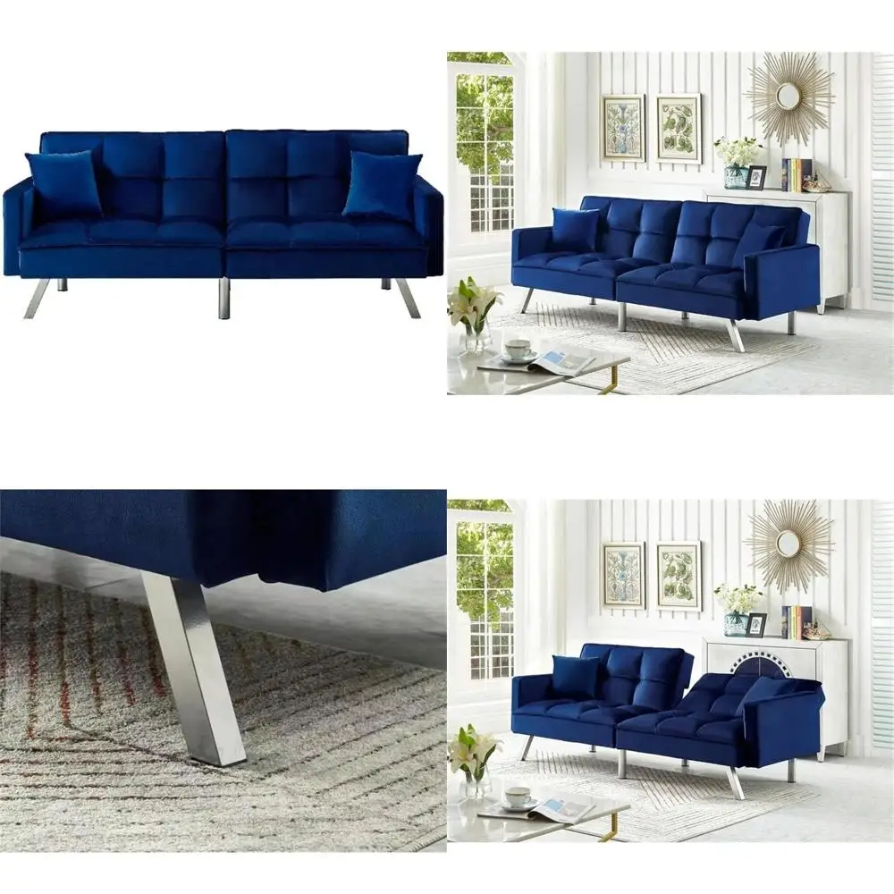 Sofá cama convertible de madera 80 de tela de terciopelo azul con función de sueño cómoda