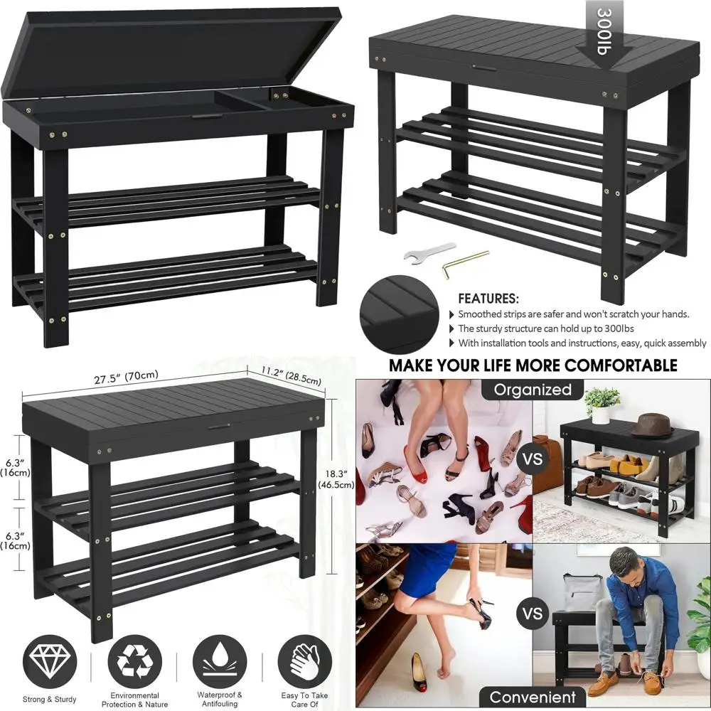 3-stöckige Schuhregalbank aus Bambus mit Aufbewahrungsschublade, kleiner Eingangsbereich-Organizer, Innen-/Außengebrauch, Schwarz