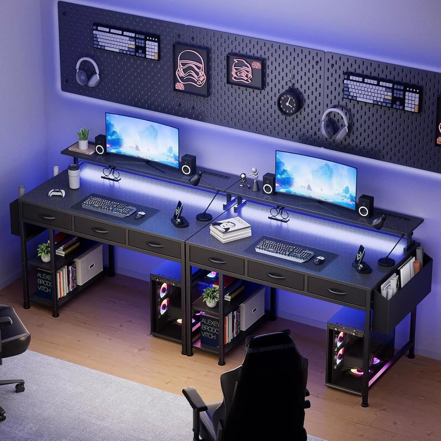 LED-Illuminated Gaming Desk with Power Outlets, 47 Computer Desk featuring 3 Drawers and Adjustable Monitor Stand for Home Offic