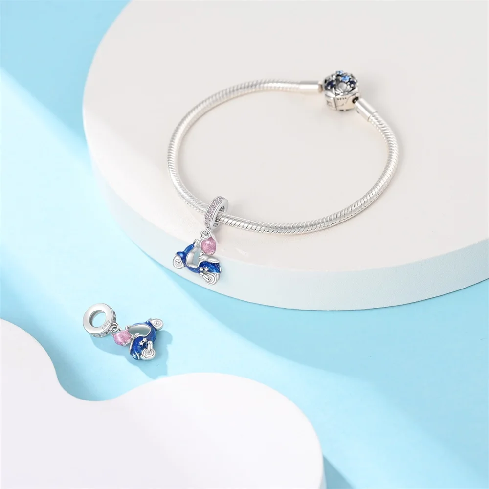 Brilliant 925 Sterling Silver Blue Star Electric Car Pink Helmet Charm Fit Pandora Bracelet Women's School Jewelry Accessories