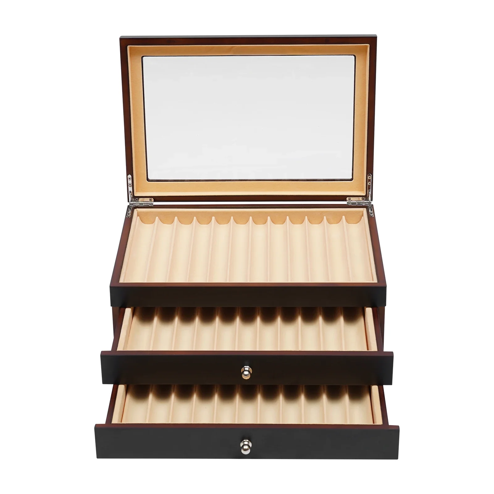 

34 шт., коробка для ручек из сандалового дерева, 3 уровня с ящиками, органайзер для дисплея фонтана со стеклянным окном, подарок для друга