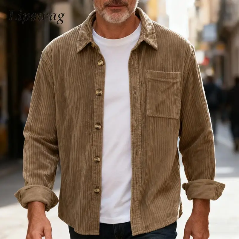 

Стильные мужские вельветовые куртки с лацканами на пуговицах, уличная одежда, винтажный однотонный кардиган, топы, мужские весенне-осенние повседневные куртки-рубашки