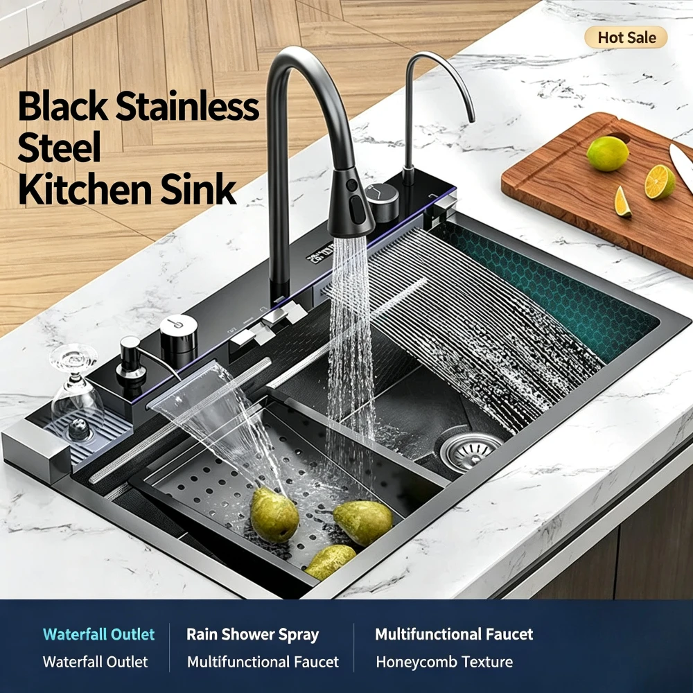 Integrated Waterfall Kitchen Sink Honeycomb Technology Large Digitial Display Stainless Steel Soap Dispenser Cup Washer