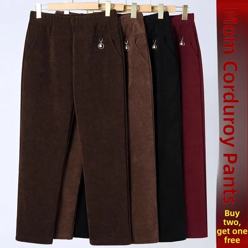 Thickened Corduroy Mom Pants Women's Autumn Winter New Style Fleece Lined Outerwear Loose Straight Leg Trousers for Elderly