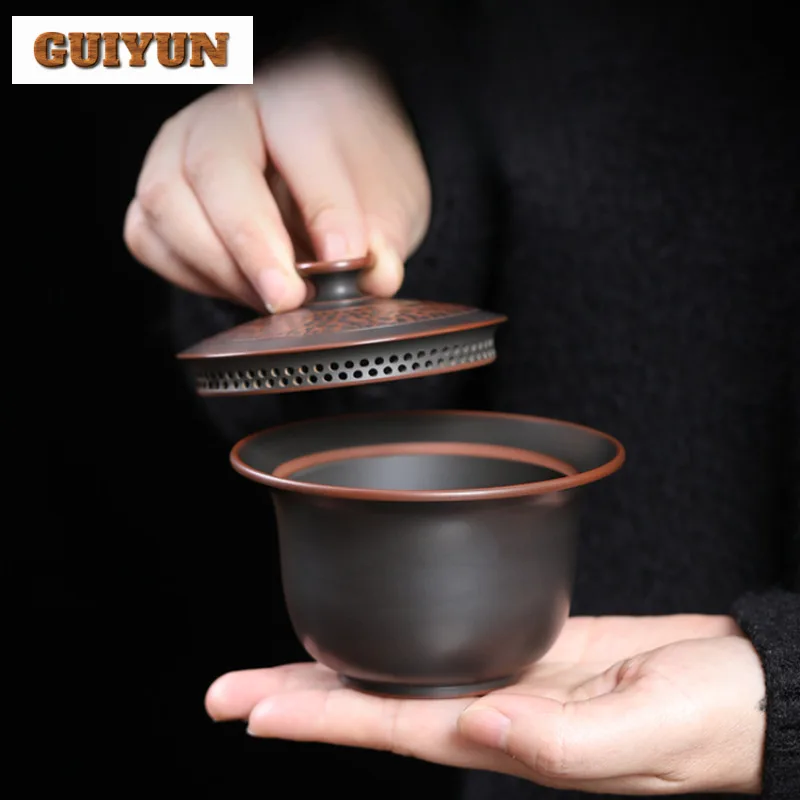 

150ml Authentic Qinzhou Nixing Pottery Gaiwan Full Hole Hand Grip Hammer Pattern Tea Tureen Tea Maker Cover Bowl Tea Ceremony