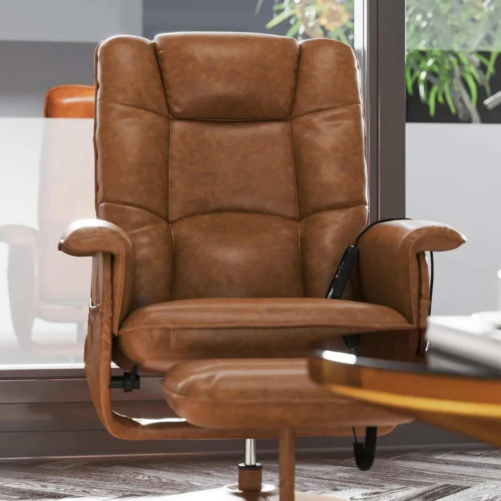 كرسي تدليك تشيلسي قابل للتعديل من الجلد الصناعي البني مع جيوب جانبية عميقة عثمانية من EMMA + OLIVER