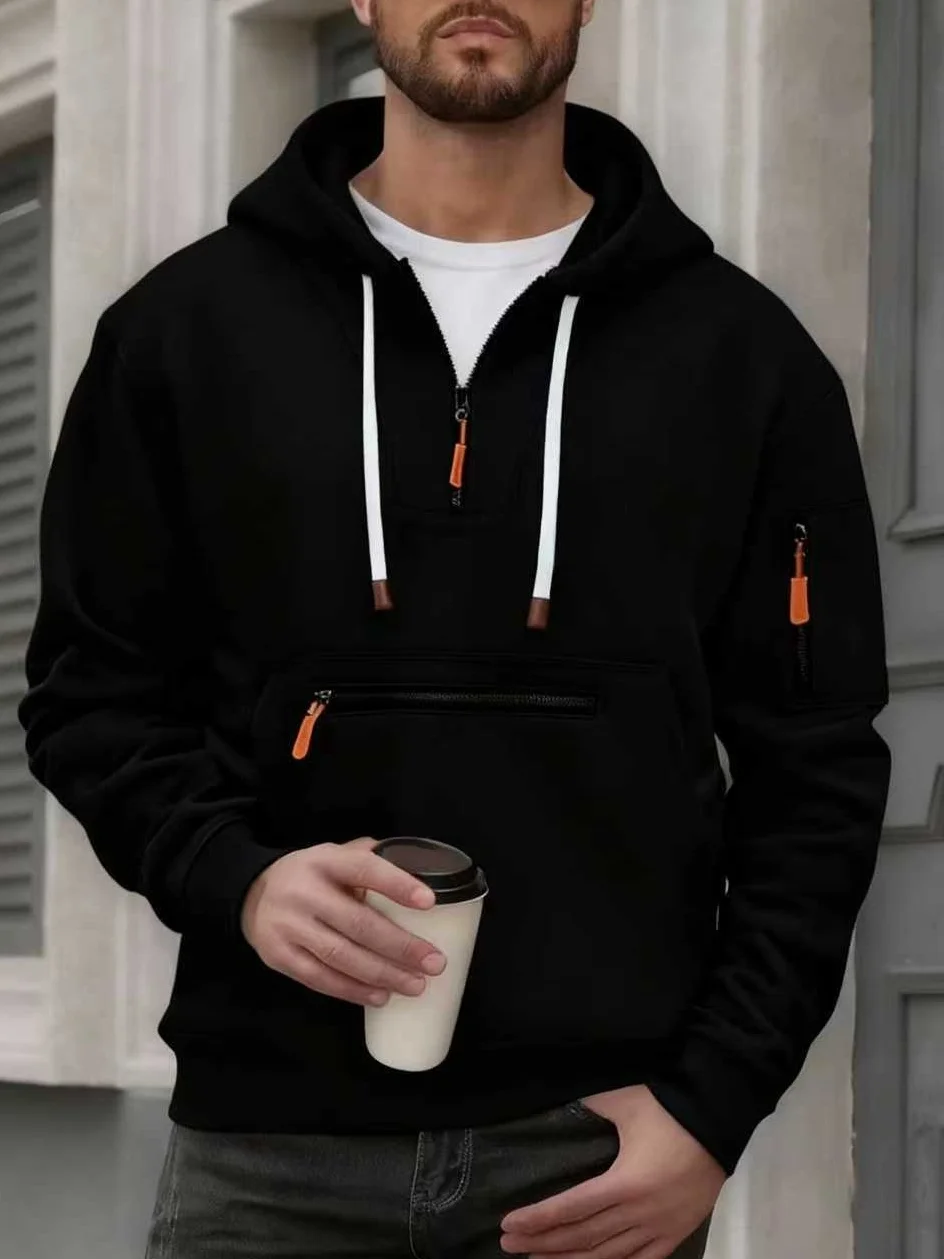 

Fall/Winter Men's Fashion Casual Solid Color Hooded Jacket with Tactical Arm Zipper and Multiple Pockets Pullover Sport Coat