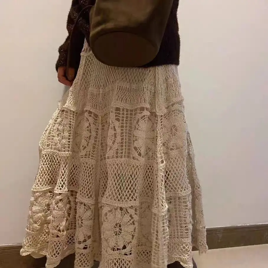 النسخة الكورية من الصناعة الثقيلة اللطيفة الرجعية الكروشيه تصميم جوفاء تنورة محبوكة مرنة تنورة على شكل حرف A #3