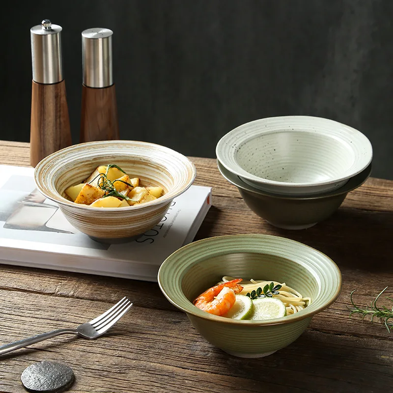 

Japanese-style coarse pottery wide-edge bowl hotel retro old-fashioned dessert straw hat commercial breakfast cereal dessert