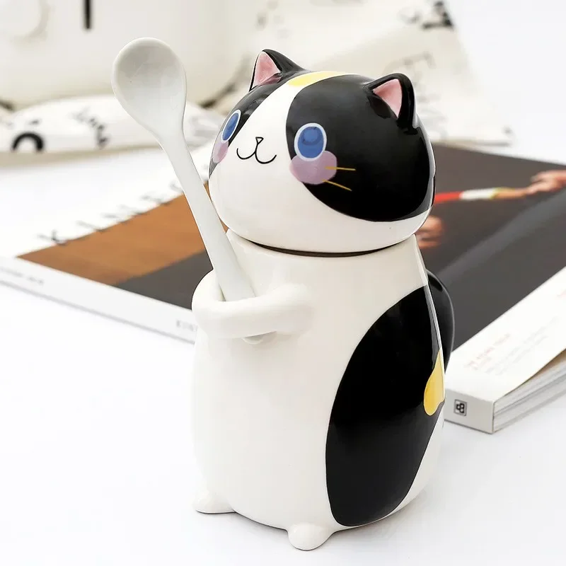 300ml Cute Cat Ceramics Mug With Spoon and Lid Creative Hand Painted Coffee Milk Tea Cups Novelty Gifts