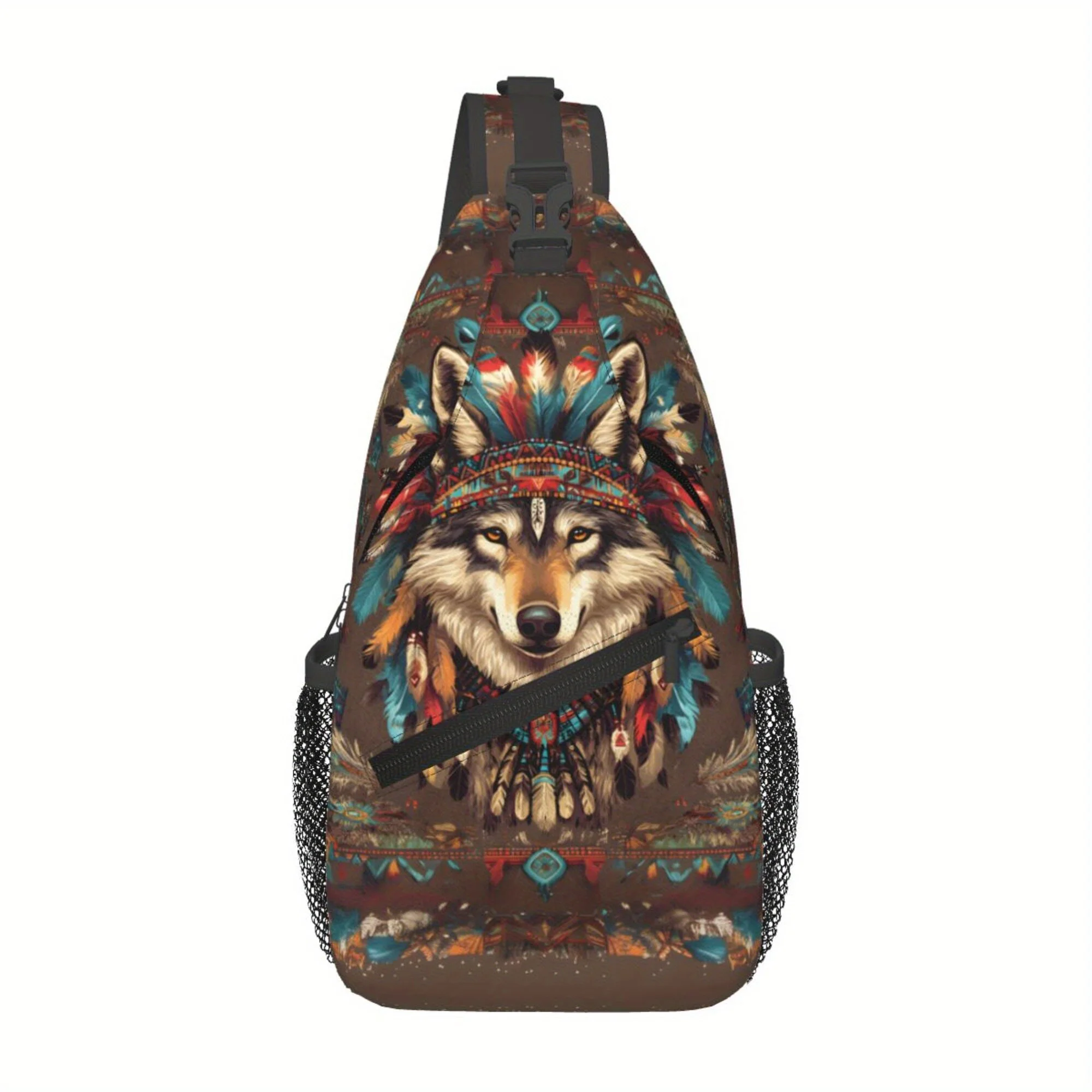 Aztec Feather Wolf Tribal Print Unisex Chest Crossbody Backpack Adjustable Strap Zipper Closure for Travel Hiking Holiday Gift