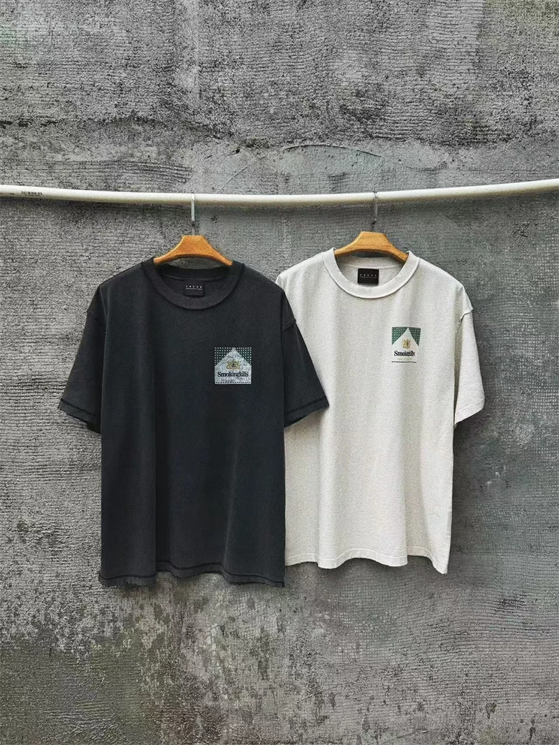 Summer False 25SS Vintage Cigarette Box Pattern Printed Washed Top High Street Casual Loose Cotton Oversize Trendy T-shirt